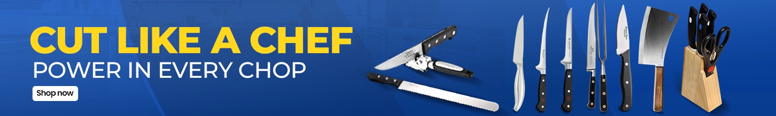 Banner showing professional chef knives set including cleavers, carving knives, bread knives, and knife blocks for commercial kitchens.